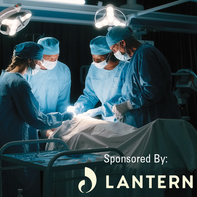 4 people performing surgery with Sponsored by Lantern text